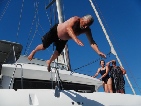 Spiros-shmiros. Paul Falconer high dive from the catameran. Santorini